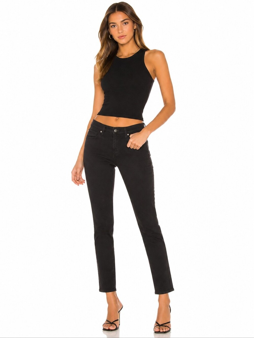 ❤ AG ADRIANO GOLDSCHMIED STEVIE SLIM STRAIGHT ANKLE SATEEN JEANS, 2 (26) Black.